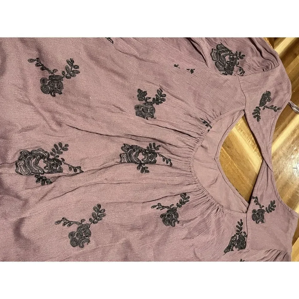 Free People Embroidered Austin Mini Dress long sleeve floral boho lavender‎ Med